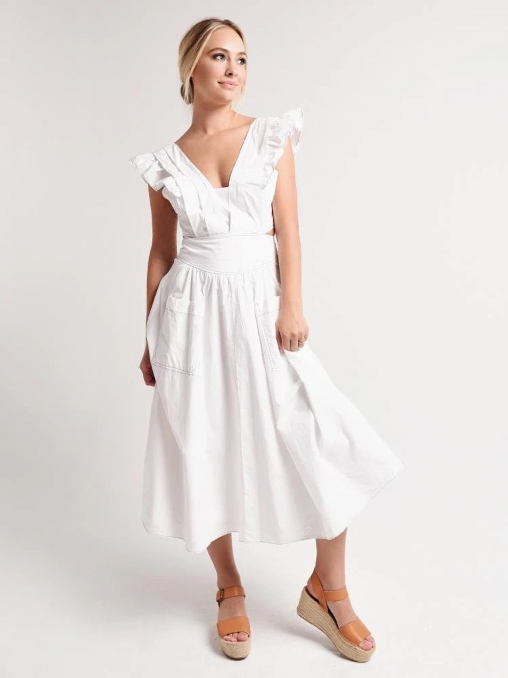 Rebecca Taylor White Poplin Ruffled Shoulder Midi Dress L